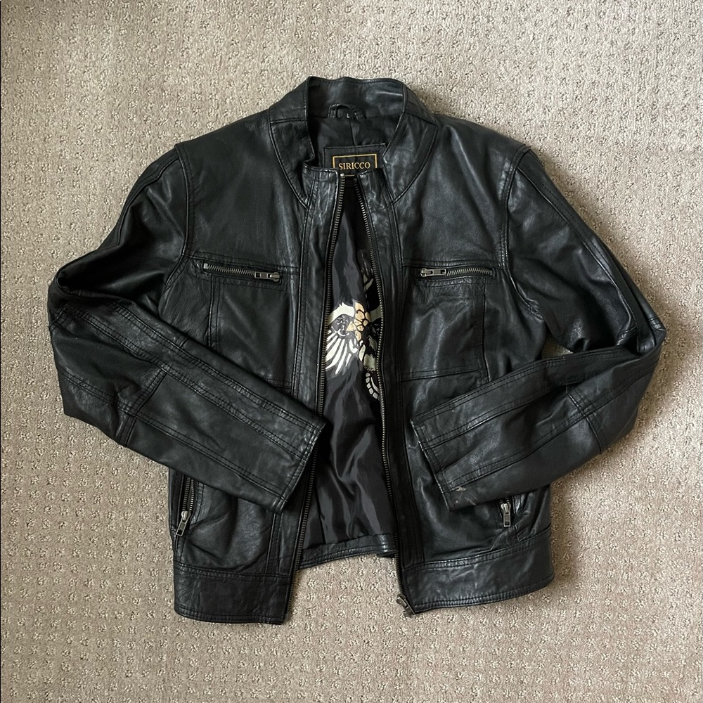 Siricco Australian Black Leather Moto Jacket with Silver Hardware and Zippers